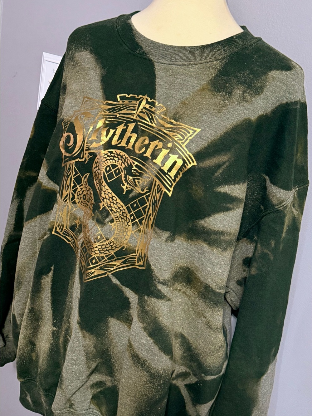 Slytherin dark green & gray Tie-Dye Crewneck Sweatshirt with Gold Crest
